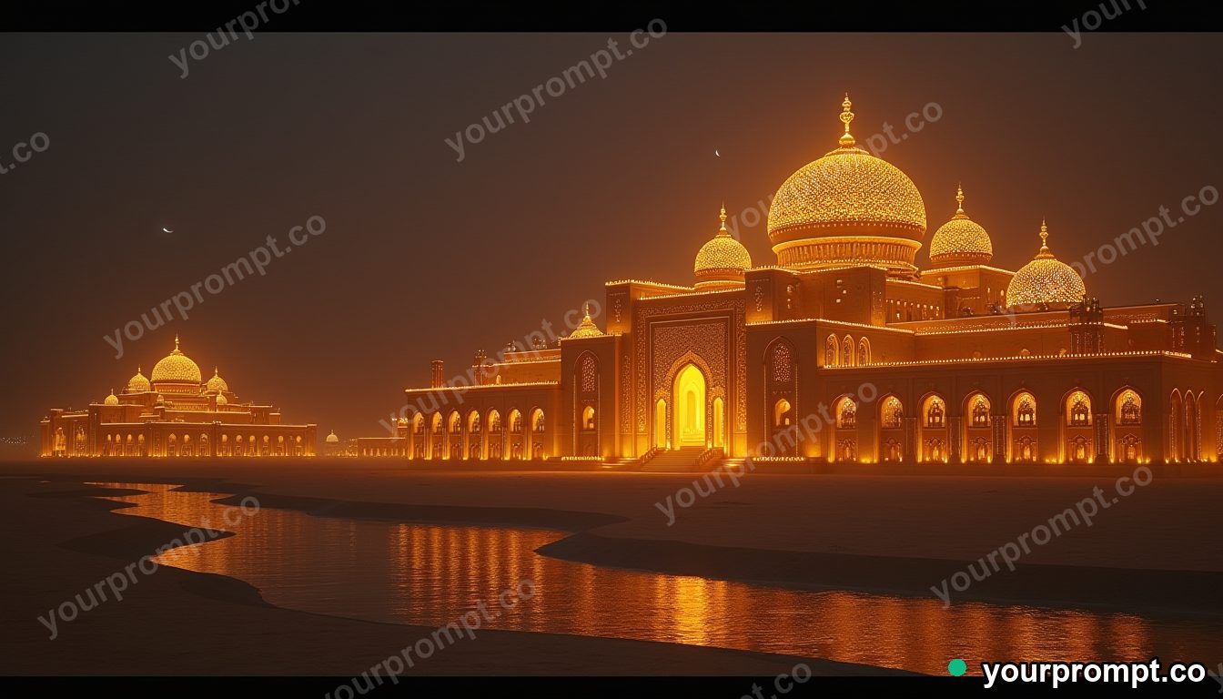 A desert palace with golden domes