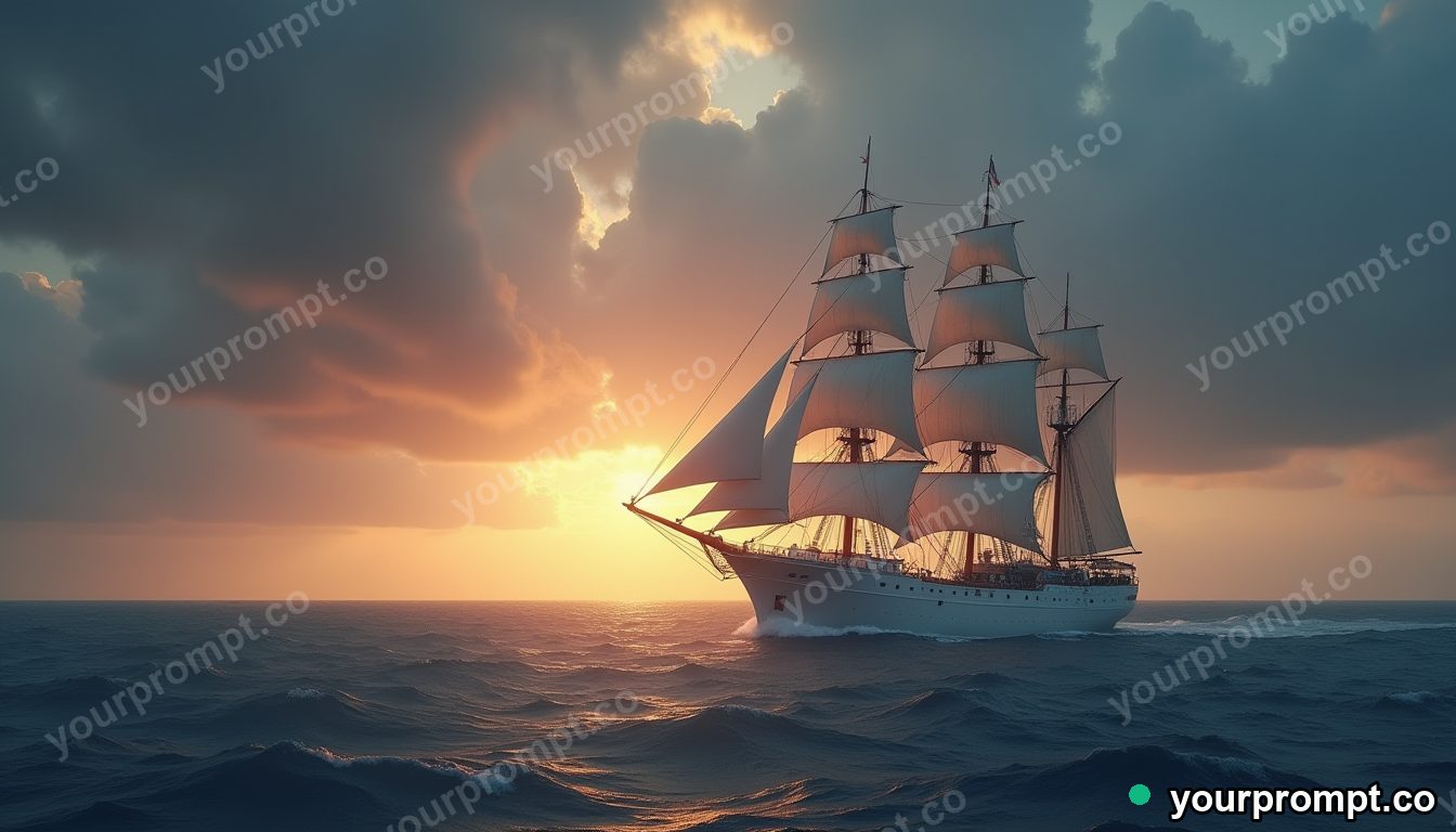 A tall sailing ship in a stormy sea at dusk