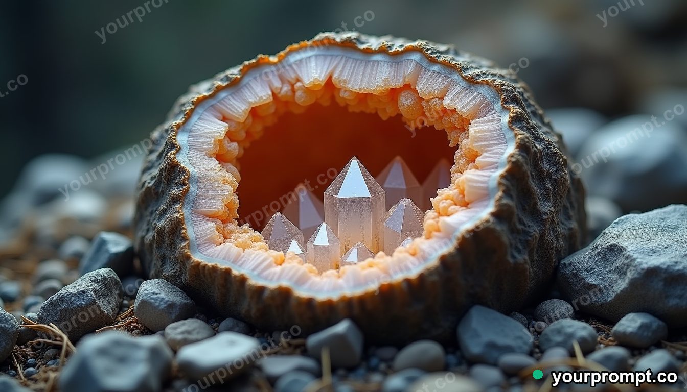 A cracked geode revealing crystal interior