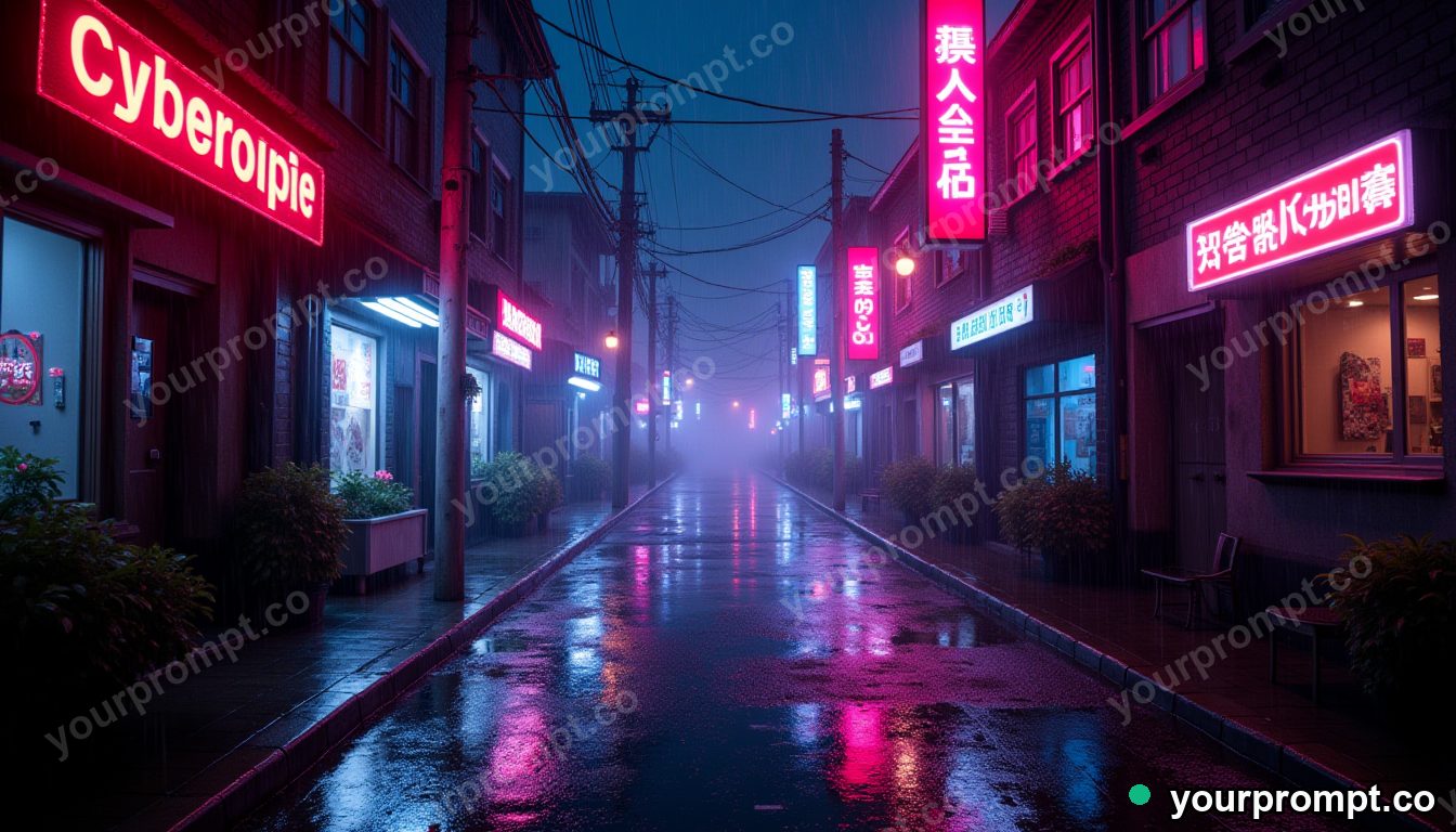 A neon cyberpunk street in the rain at night