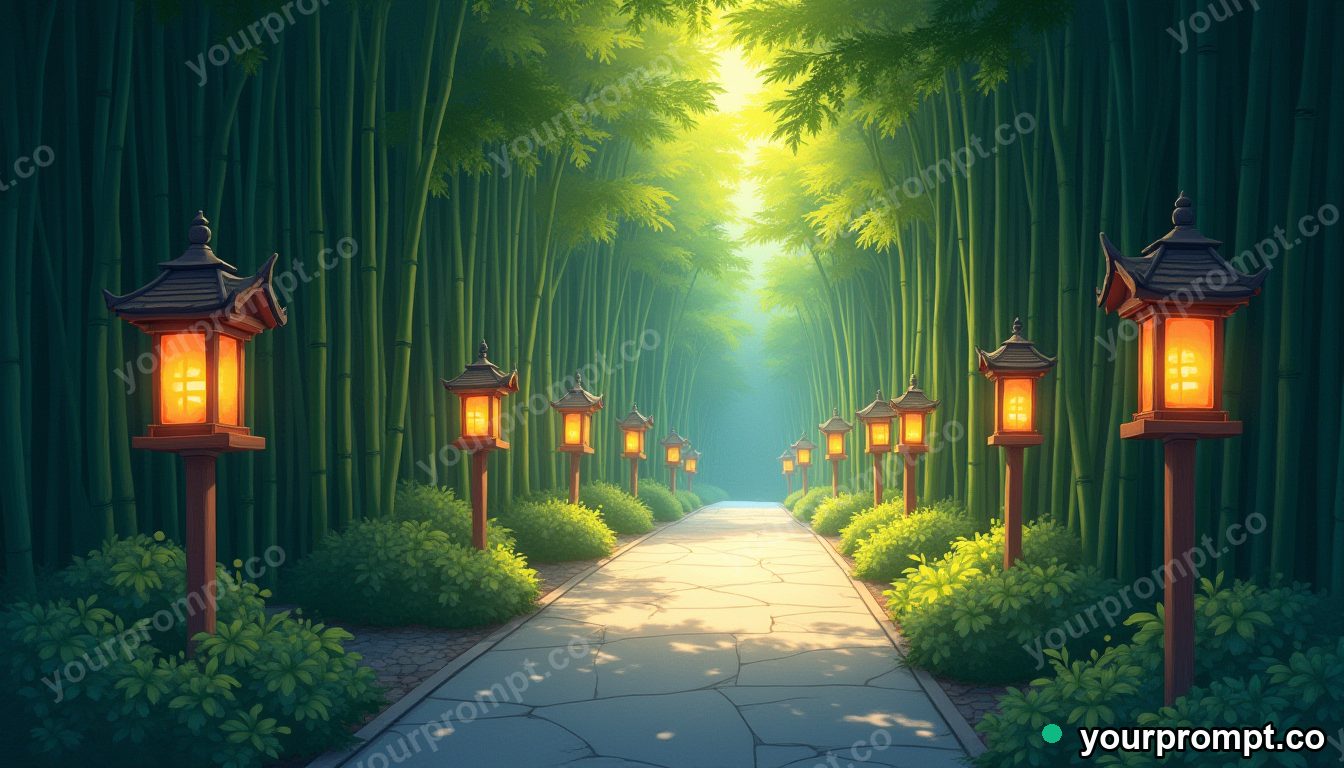 A quiet Kyoto bamboo path with stone lanterns