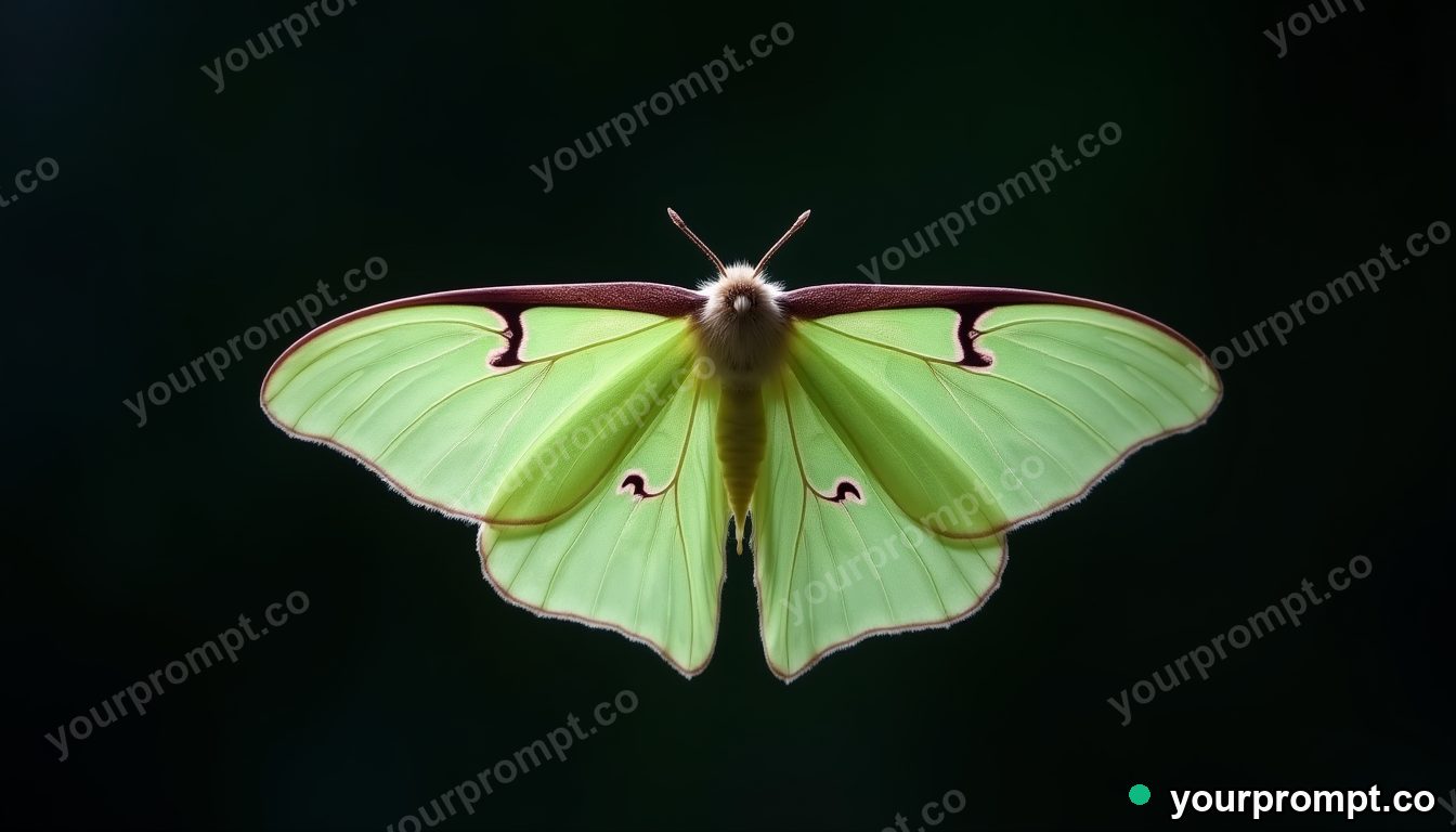 A luna moth with pale green wings at night