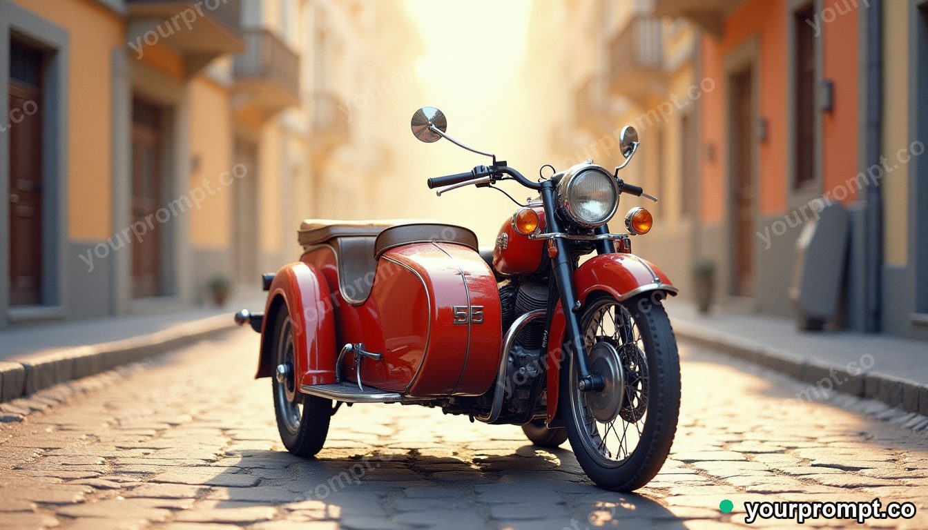 A vintage sidecar motorcycle on a cobbled street