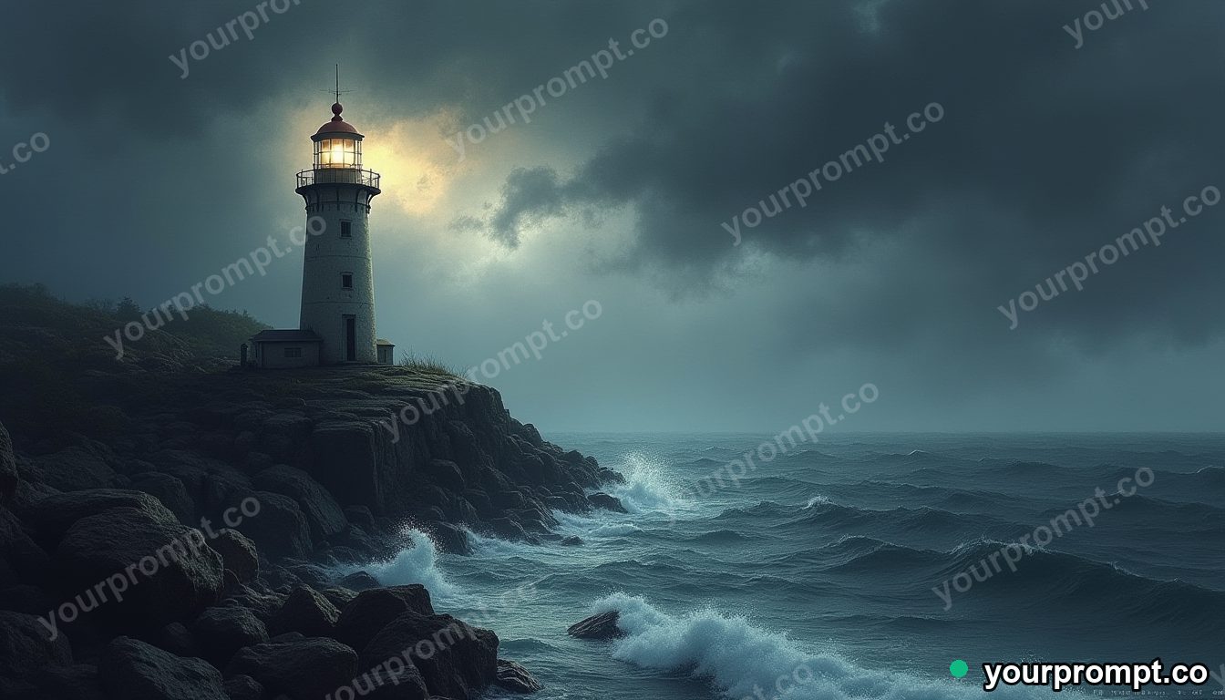 A lone lighthouse beam sweeping a dark stormy sea