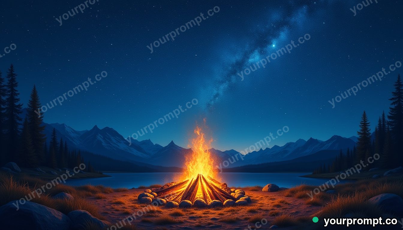 A glowing campfire under a sky full of stars