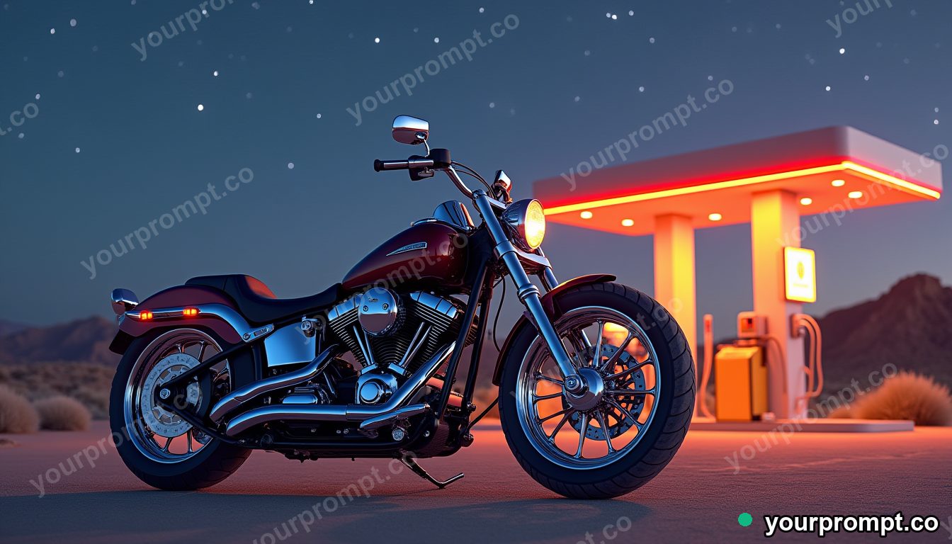 A chrome cruiser bike at a desert gas station at dusk