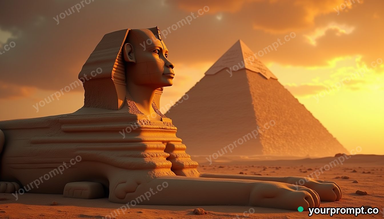 A sphinx beside pyramids at golden dusk