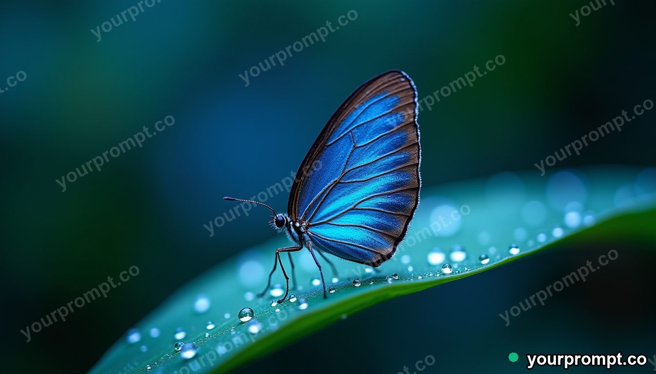 A blue morpho butterfly on a dewy leaf, macro
