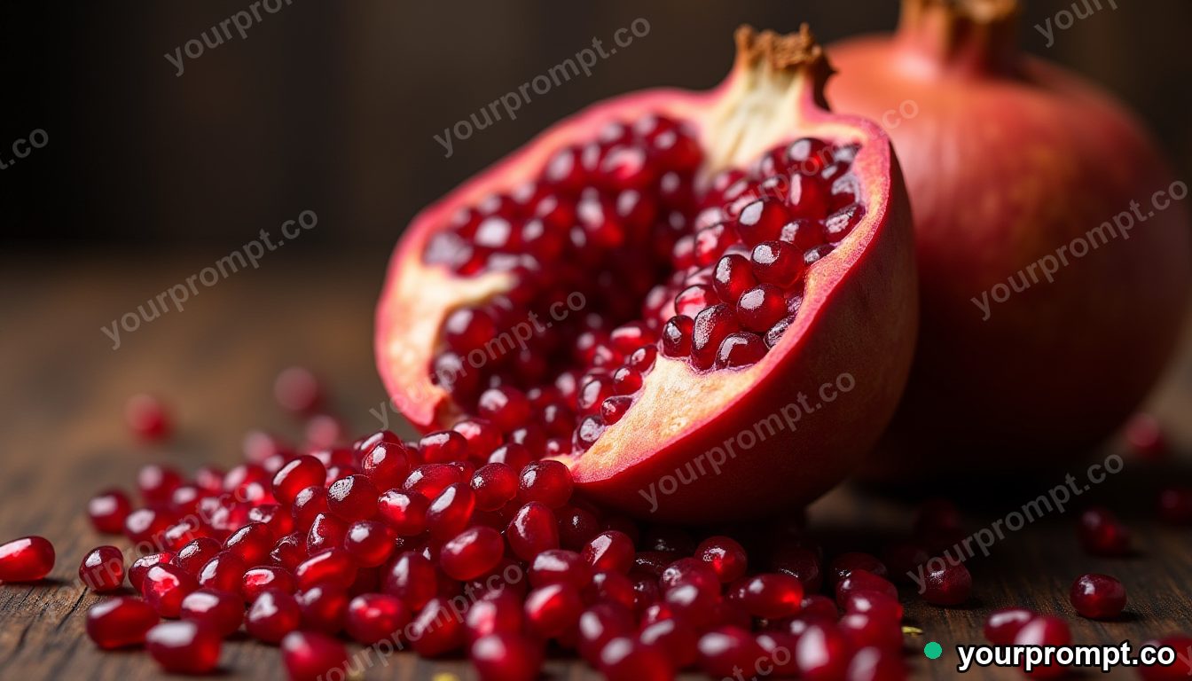 A pomegranate split open spilling ruby seeds