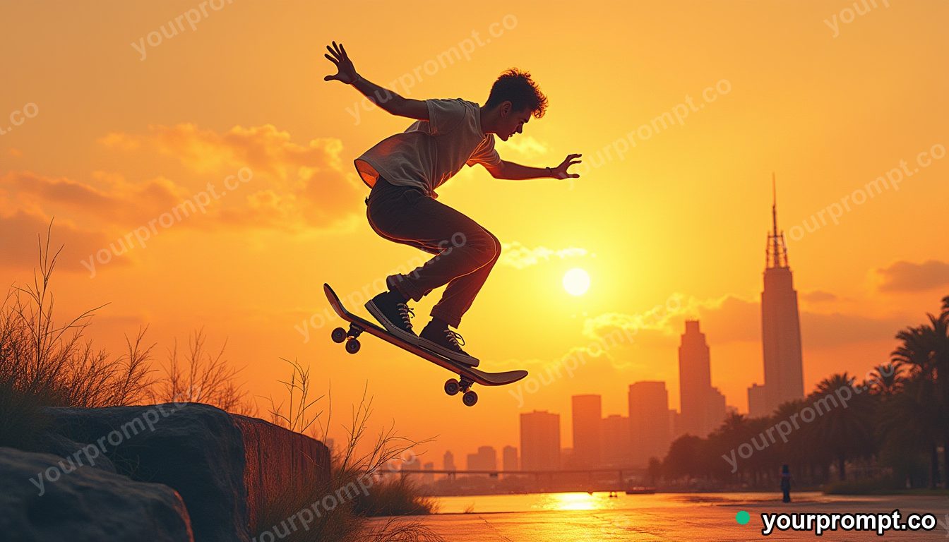 A skateboarder mid-air against a sunset skyline