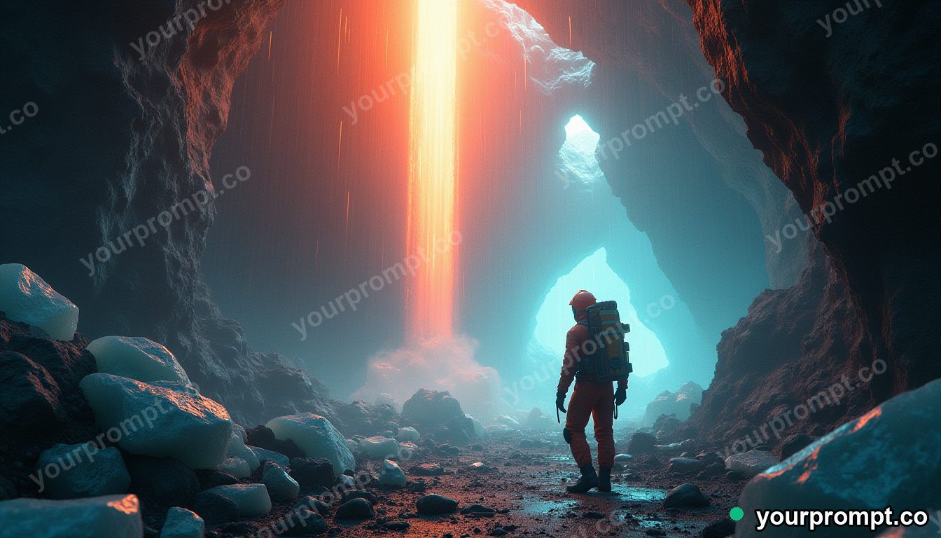 An exosuit miner drilling a glowing crystal cave