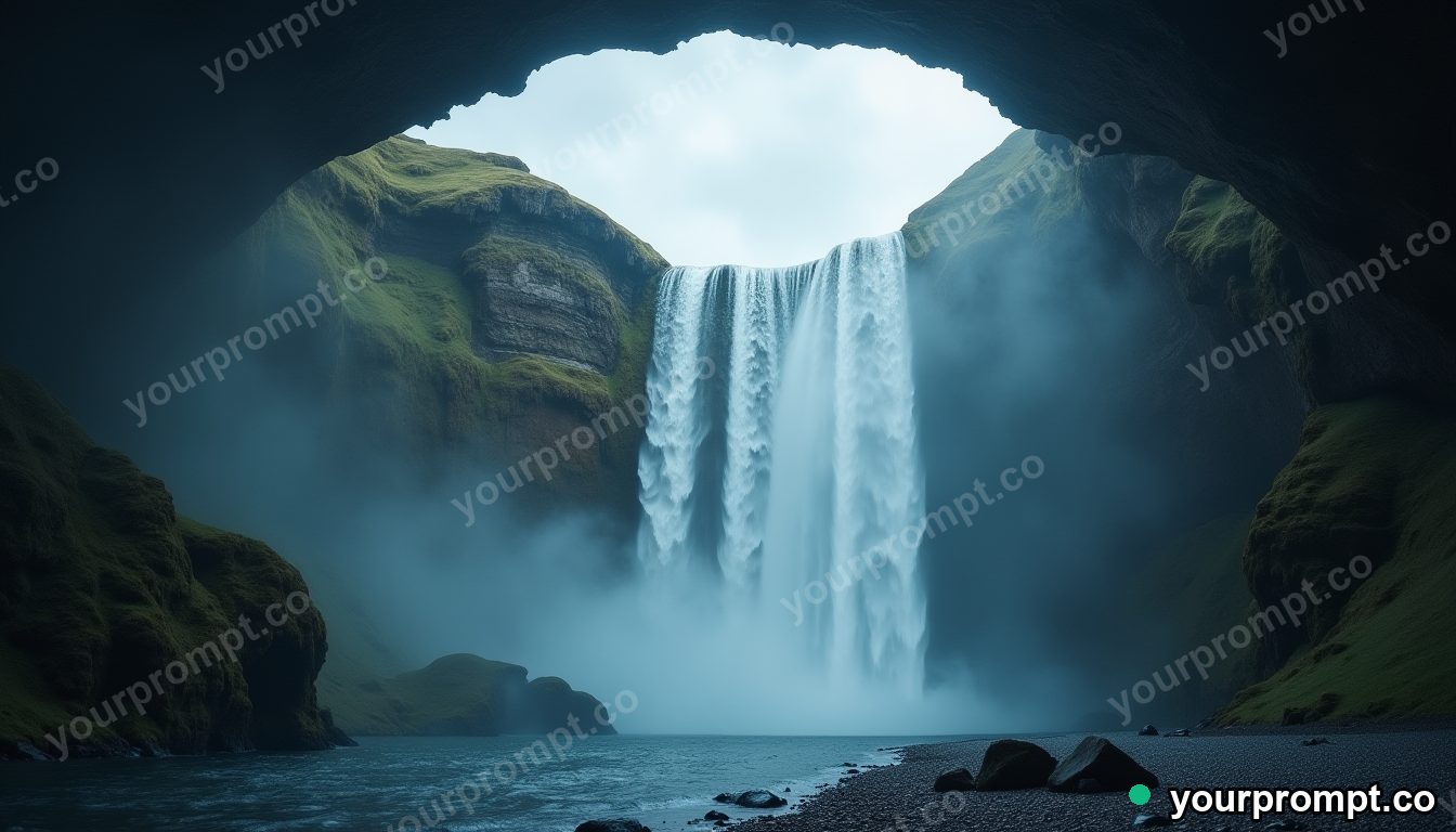 A waterfall flowing upward into a hole in the sky