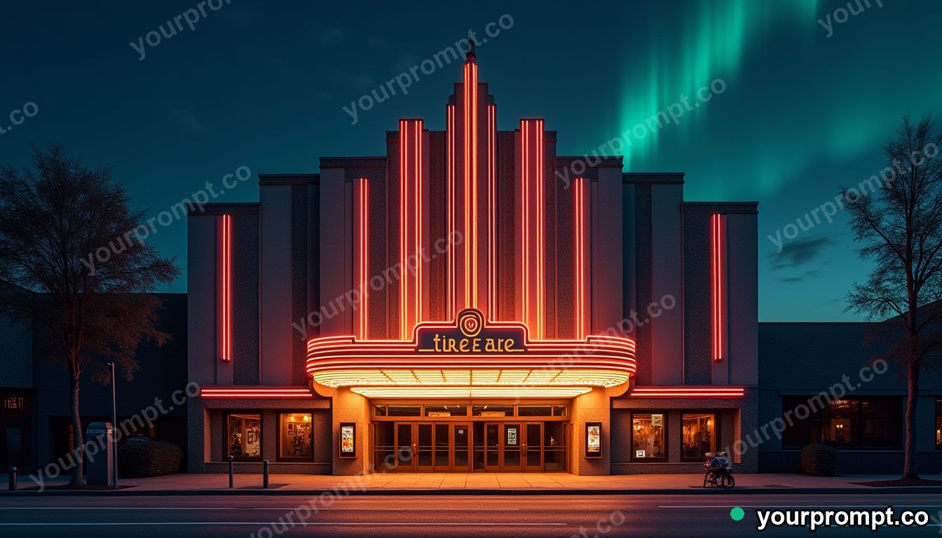 An art-deco theater facade glowing at night