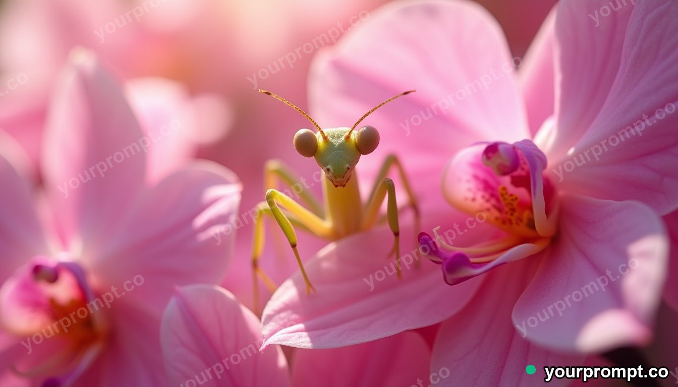 An orchid mantis camouflaged among petals