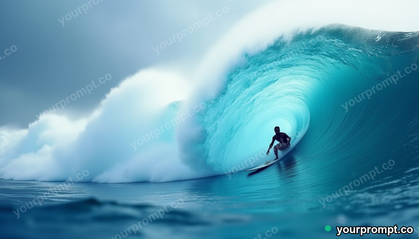 A surfer carving the inside of a giant glassy wave