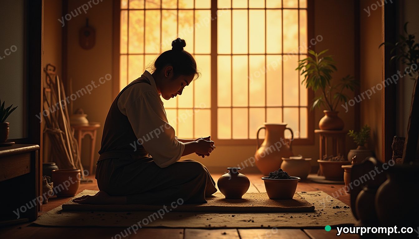 A potter shaping clay on a spinning wheel