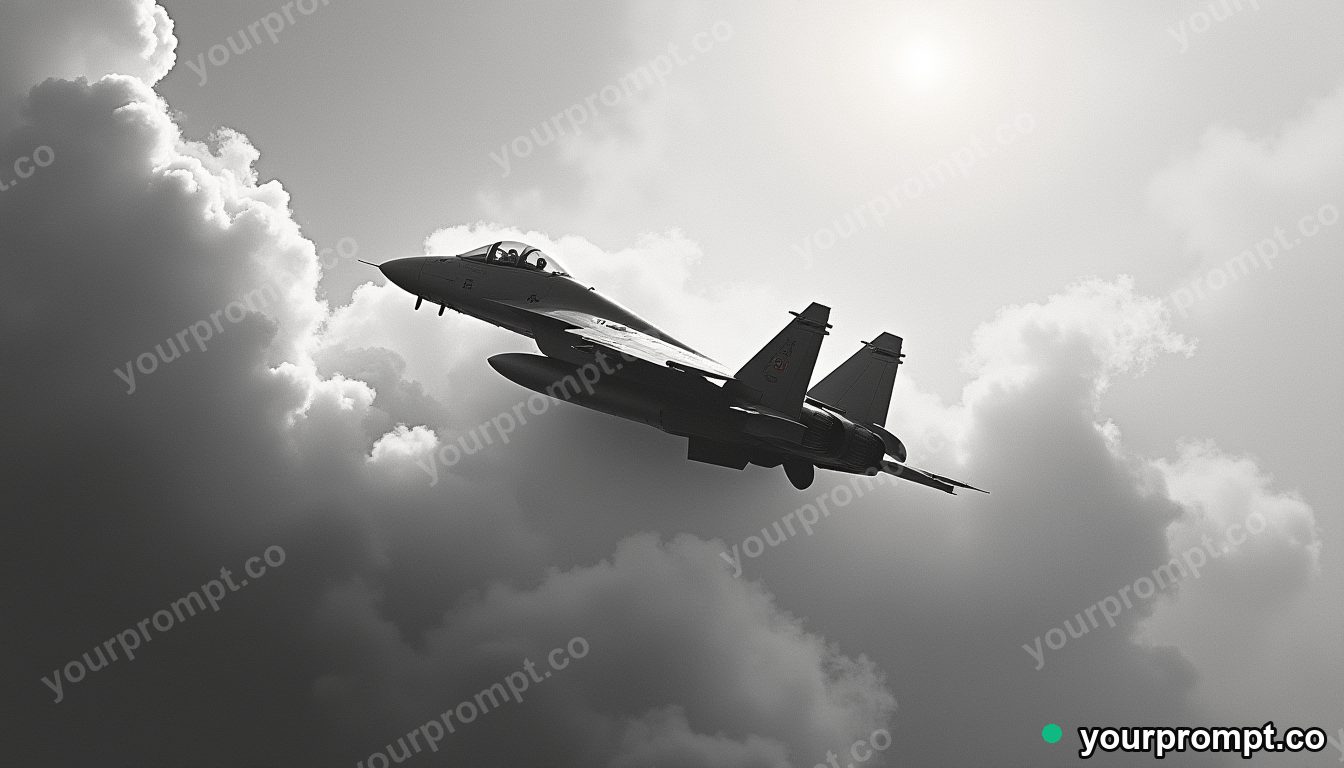 A fighter jet bursting through a wall of clouds