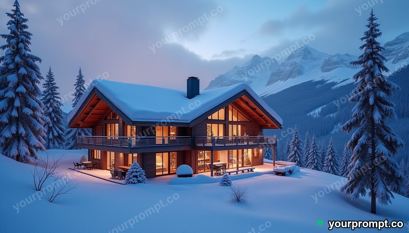 A snow-covered alpine chalet at twilight