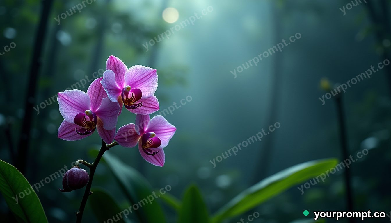 A cluster of wild orchids in a misty jungle