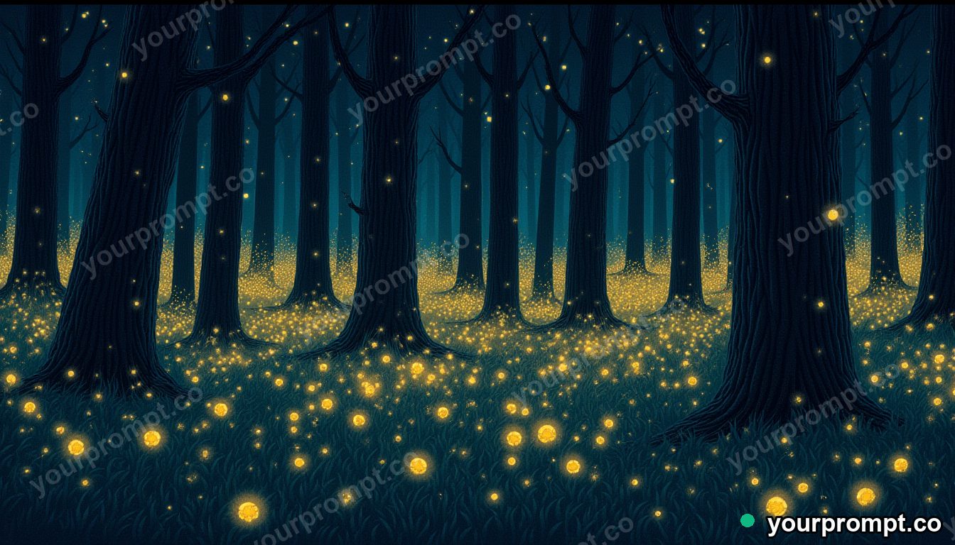 A swarm of fireflies glowing in a dark forest