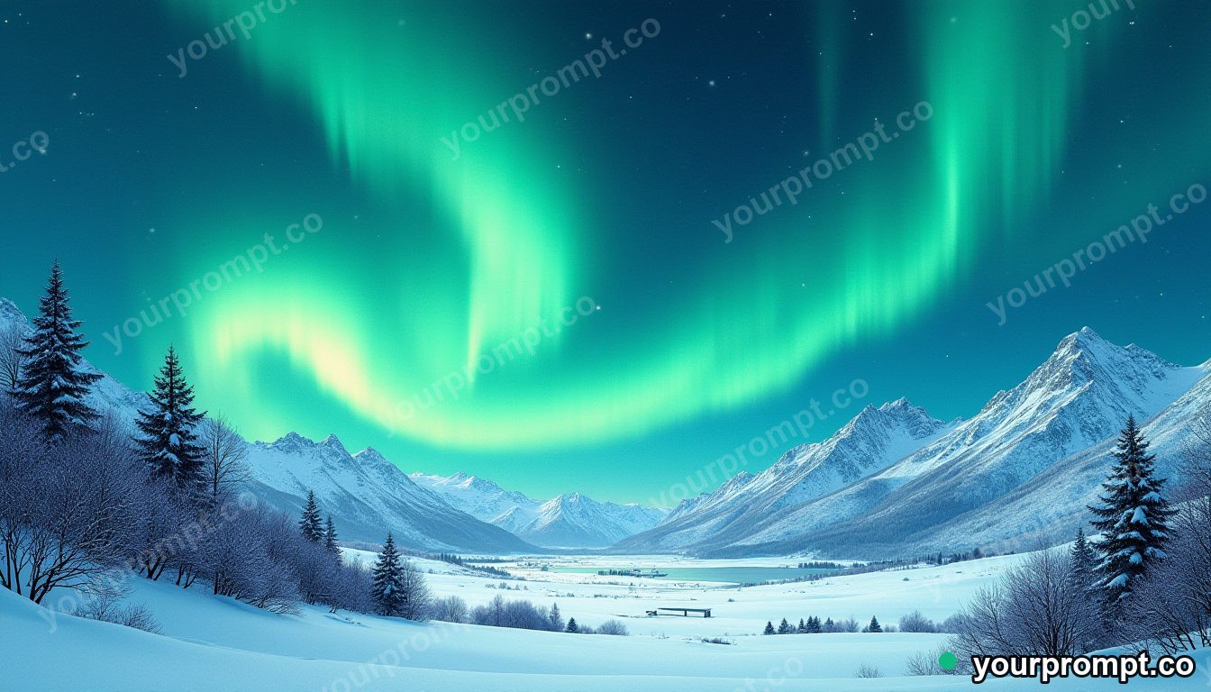 The northern lights rippling green over a snowy valley
