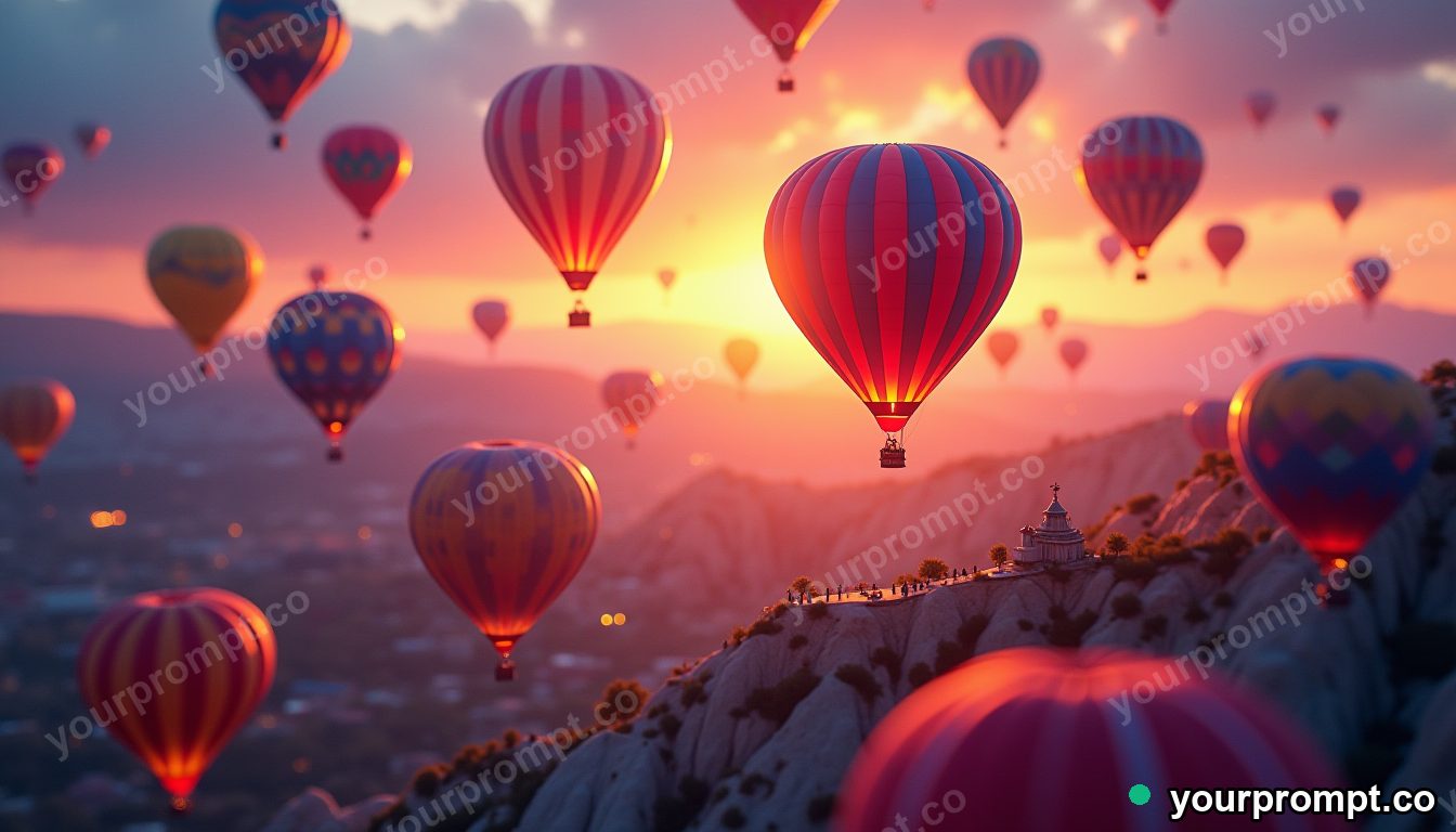 A colorful hot air balloon fiesta rising at dawn