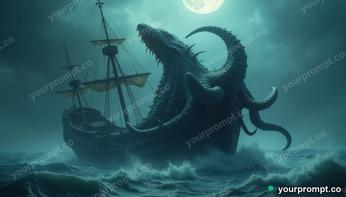 The Kraken rising to crush a wooden ship