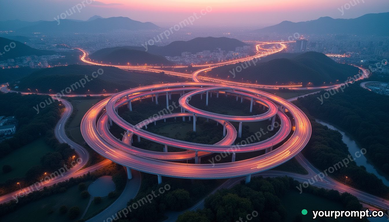 An aerial shot of a spiral interchange highway at dusk