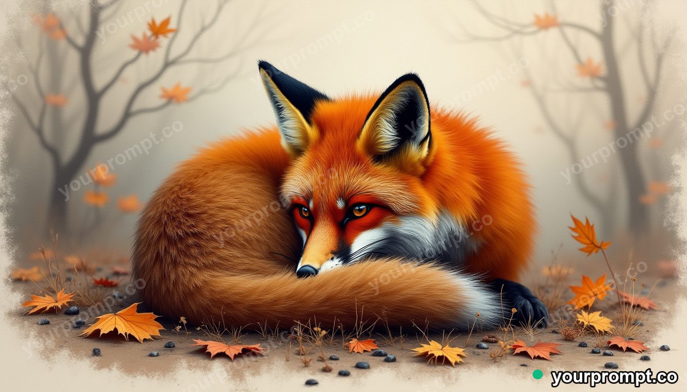A red fox curled in autumn leaves