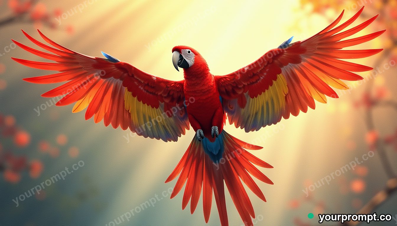 A scarlet macaw spreading rainbow wings