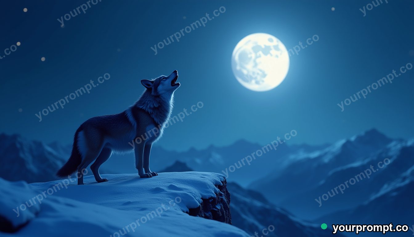 A wolf howling on a snowy ridge under the moon