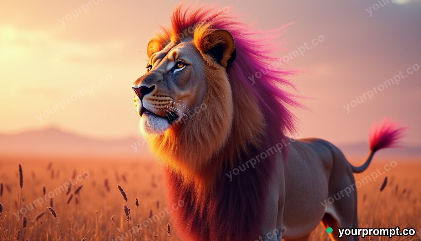 A majestic lion with a windswept mane on the savanna