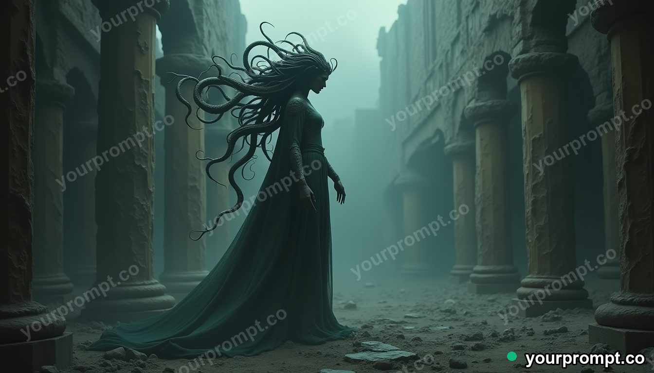 Medusa with serpent hair in a crumbling temple