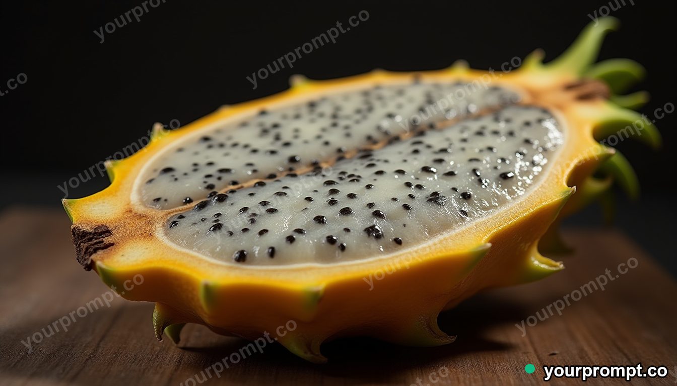 A halved dragon fruit showing speckled flesh