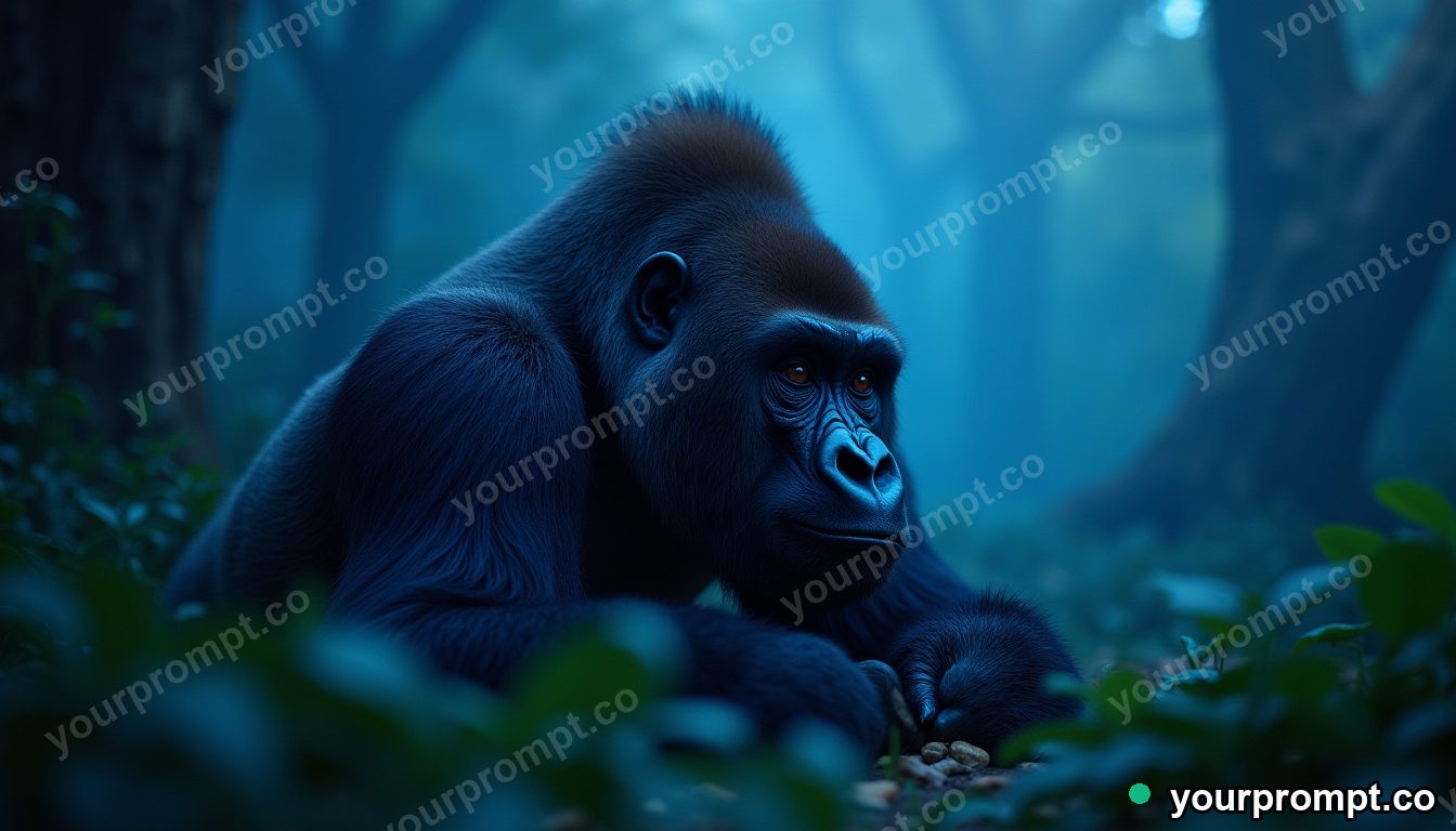 A mountain gorilla resting in misty jungle