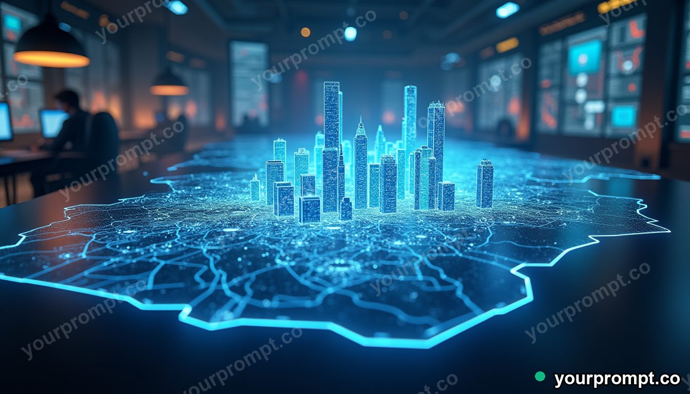 A holographic city map floating over a control room