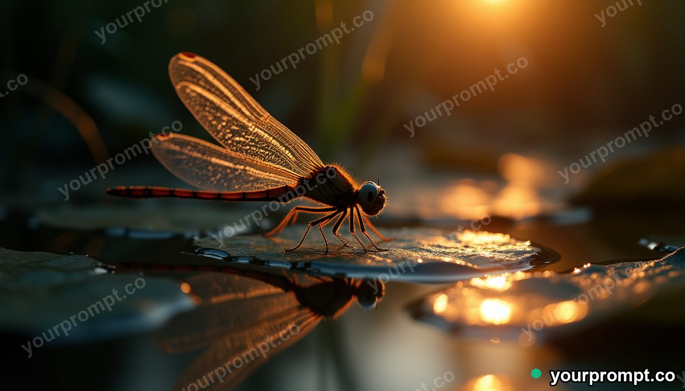 A dragonfly with crystalline wings over a pond