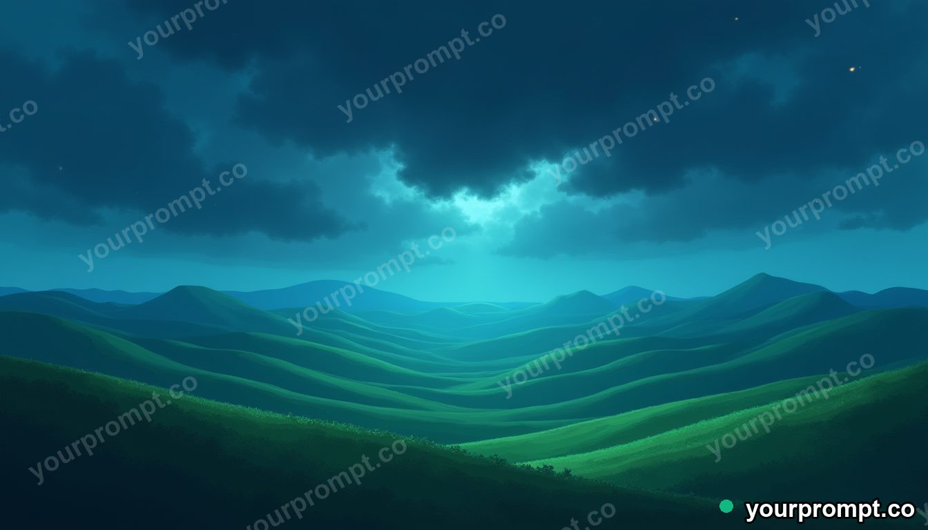 Rolling green hills under a dramatic stormy sky