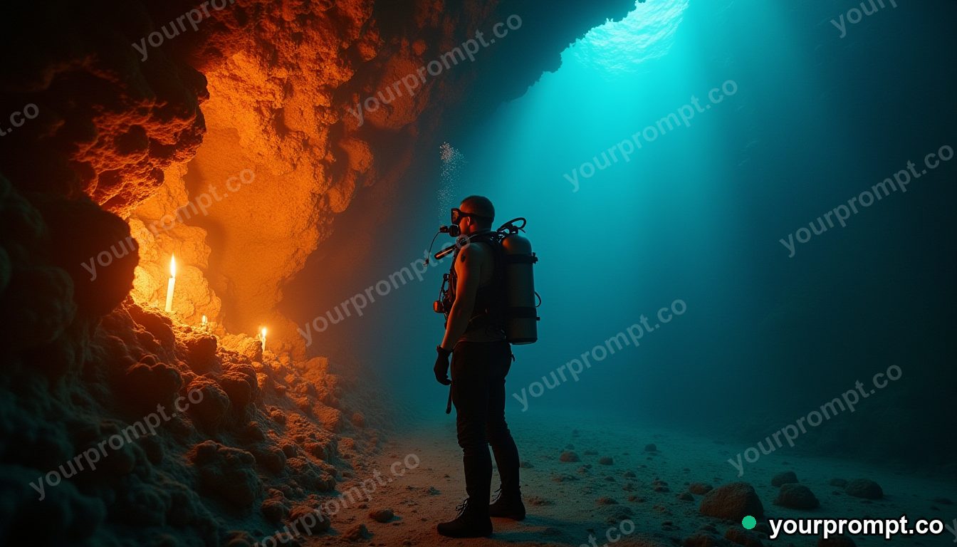 A deep-sea diver inspecting a glowing coral wall
