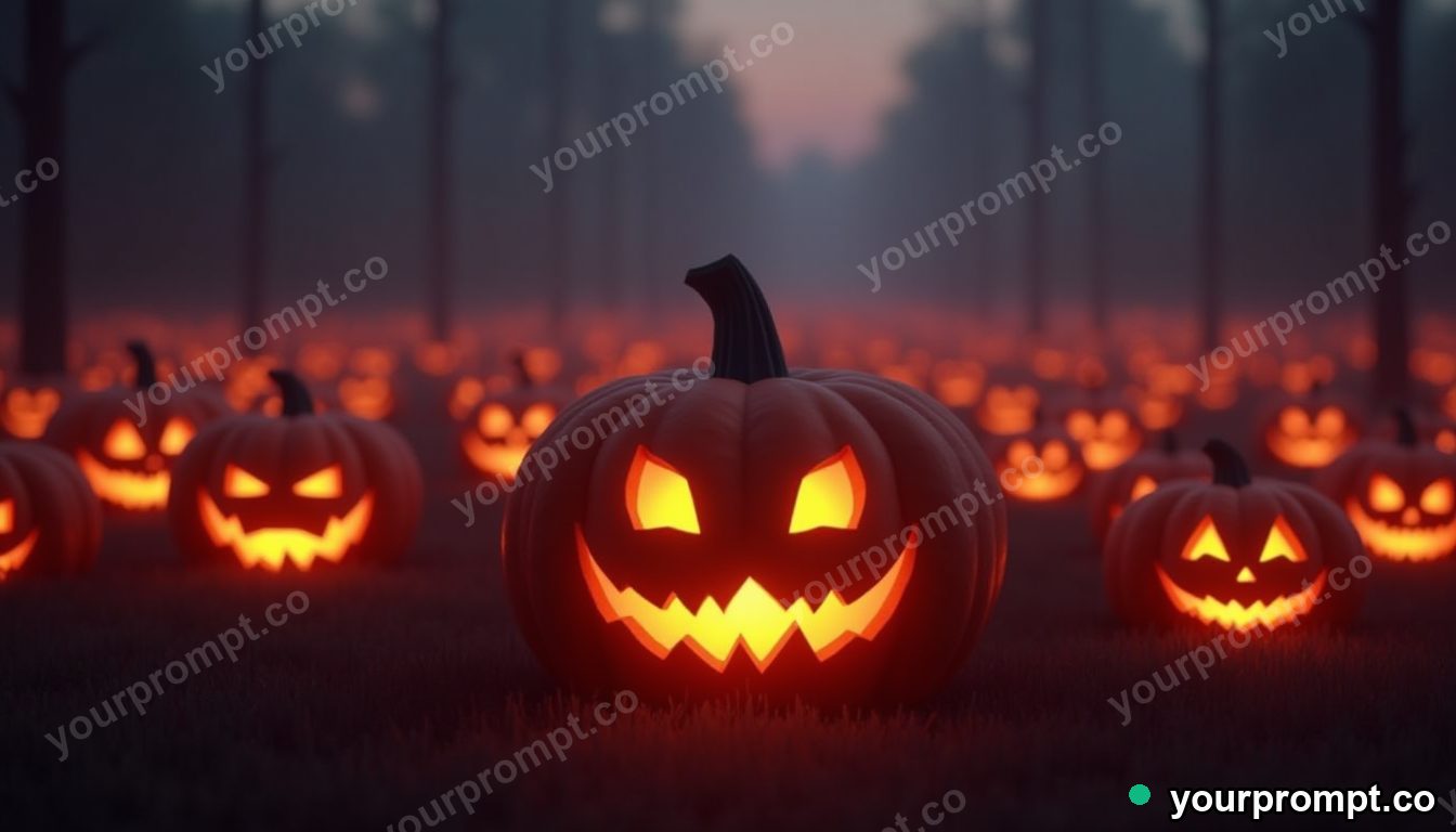 A field of jack-o-lanterns glowing in misty dusk