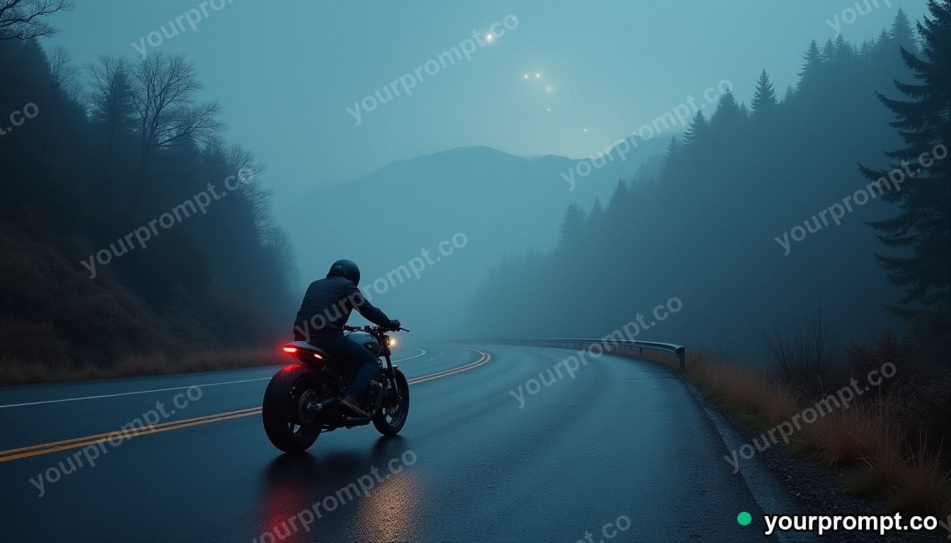 A cafe-racer motorcycle on a foggy mountain road