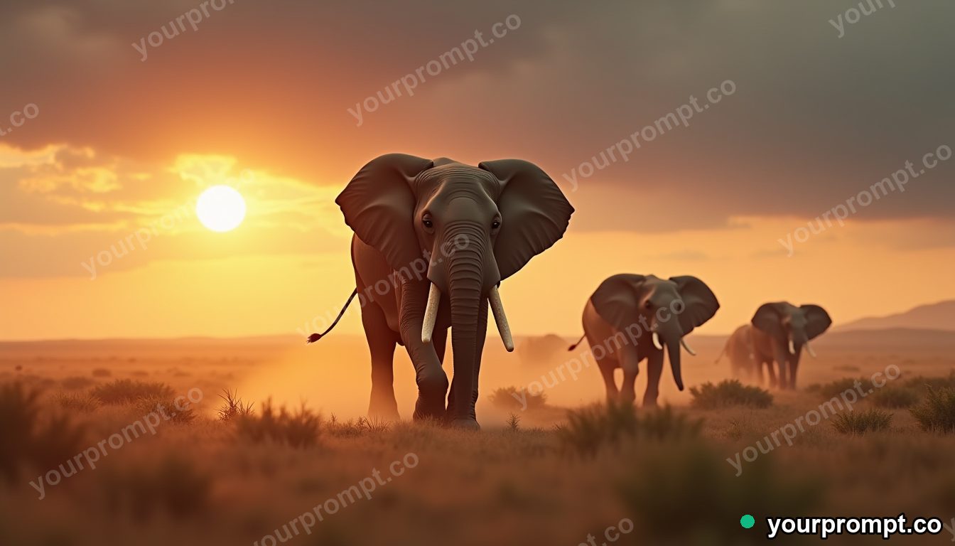 An elephant herd crossing a dusty plain at sunset