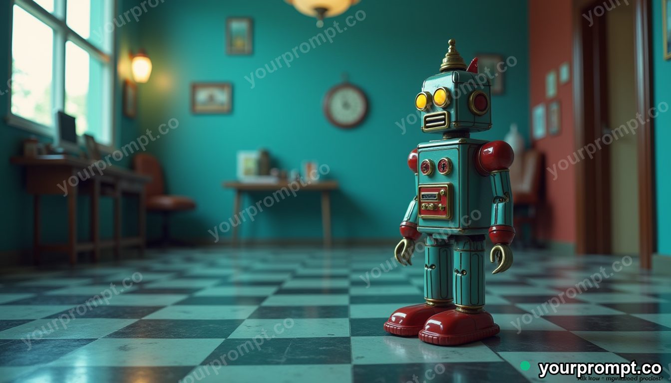A retro 1950s tin robot on a checkered floor