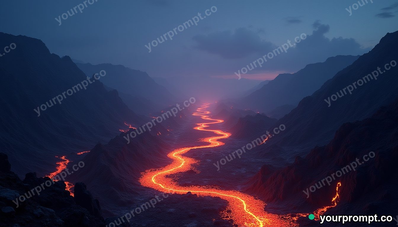 A volcanic landscape with rivers of glowing lava at night