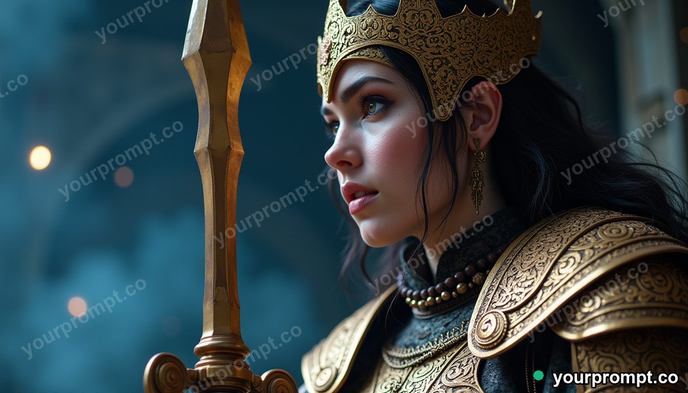 A fierce warrior queen in ornate armor, fictional