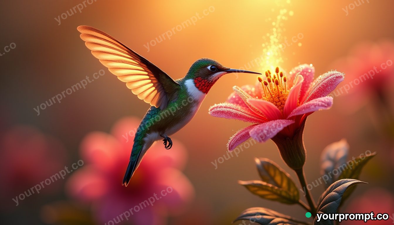 A hummingbird hovering at a bright flower, wings frozen