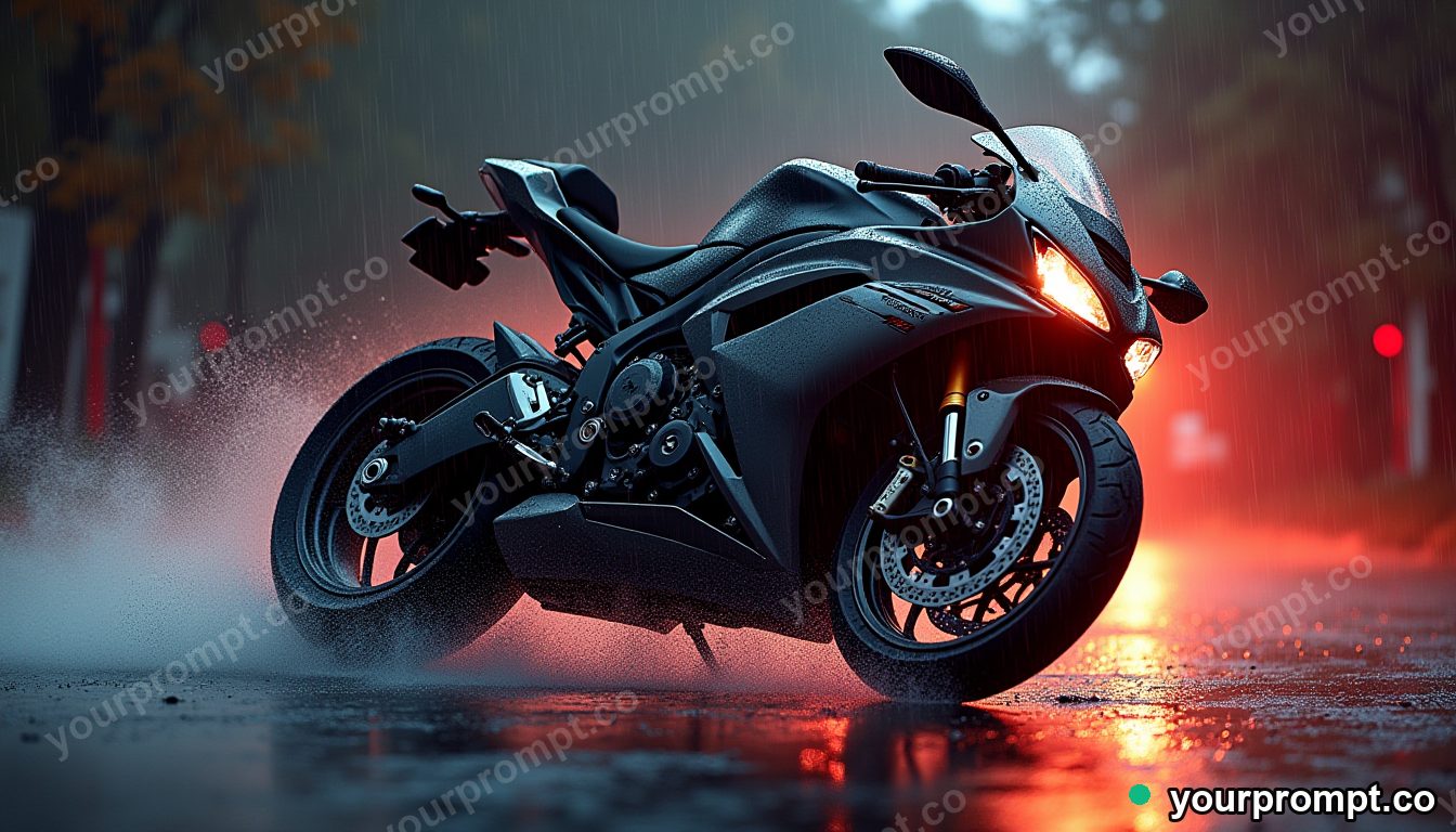 A sport bike leaning hard through a rainy corner