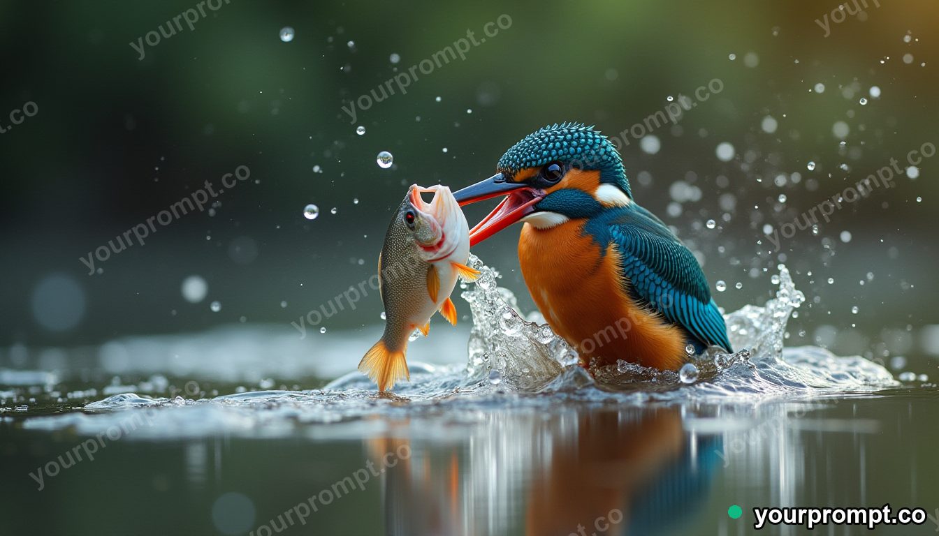 A kingfisher splashing out of water with a fish