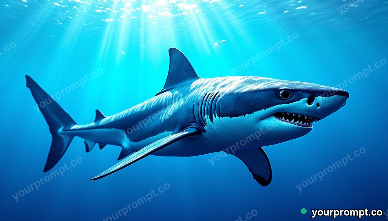 A great white shark cruising in blue depths
