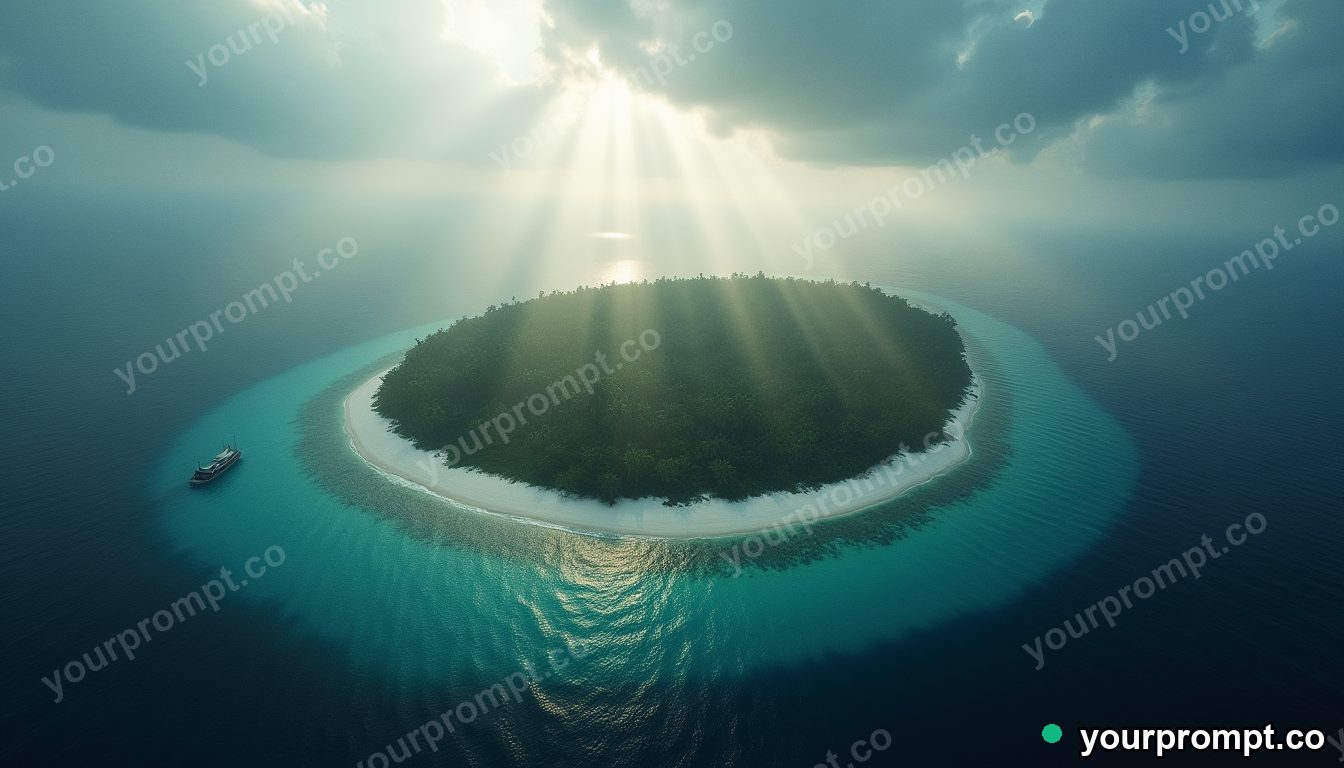 An aerial view of a tropical atoll ringed by reef